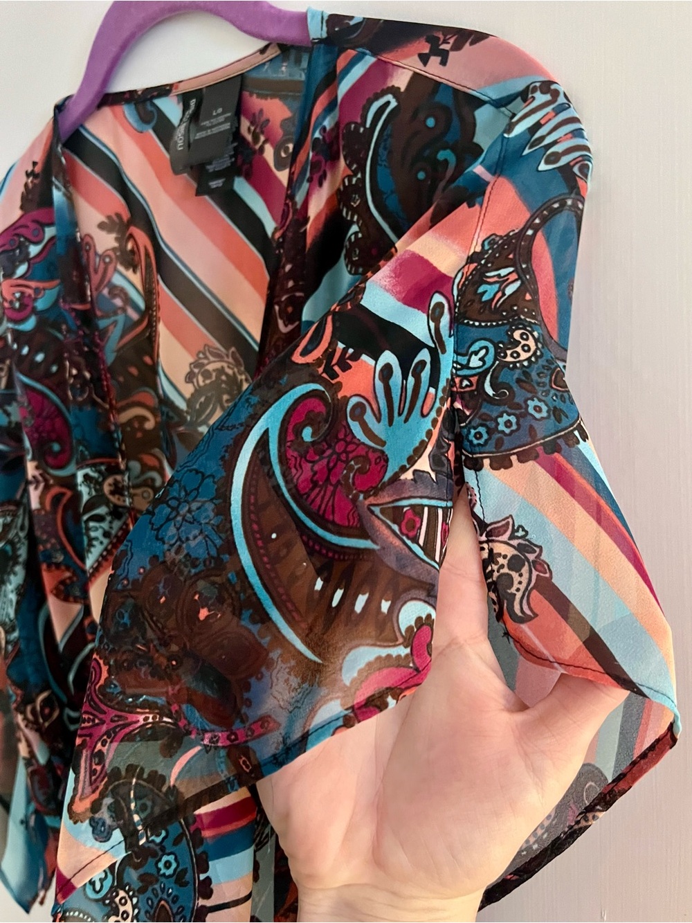Bisou Bisou Sheer Paisley Tie-Front Blouse in Pink, Blue & Brown - Picture 4 of 9